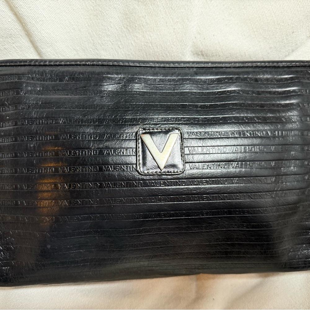 VINTAGE Mario Valentino V Mark Embossed Black Leather Clutch